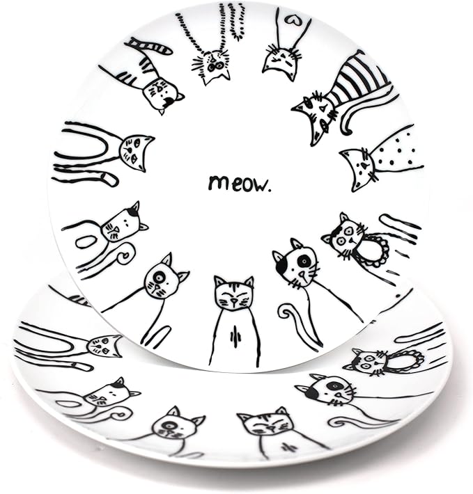 Cartoon Cat Porcelain 10.5-Inch Dinner Plate Set,Set of 2