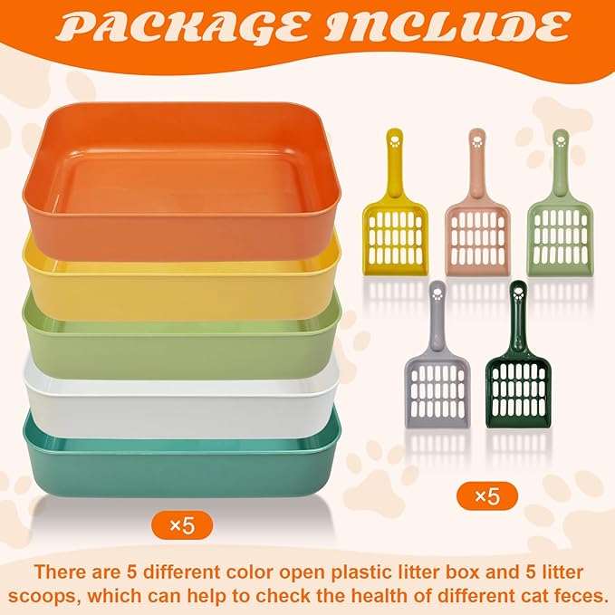 5 Pcs Small Litter Box Set,13.9 x 9.8 x 3 Inch Open Plastic Kitten Litter Pan with 5 Scooper, Low Entry Portable Cat Litter Box Travel Toilet Tray for Small Pet Kitty Bunny Guinea Pig, Easy to Clean