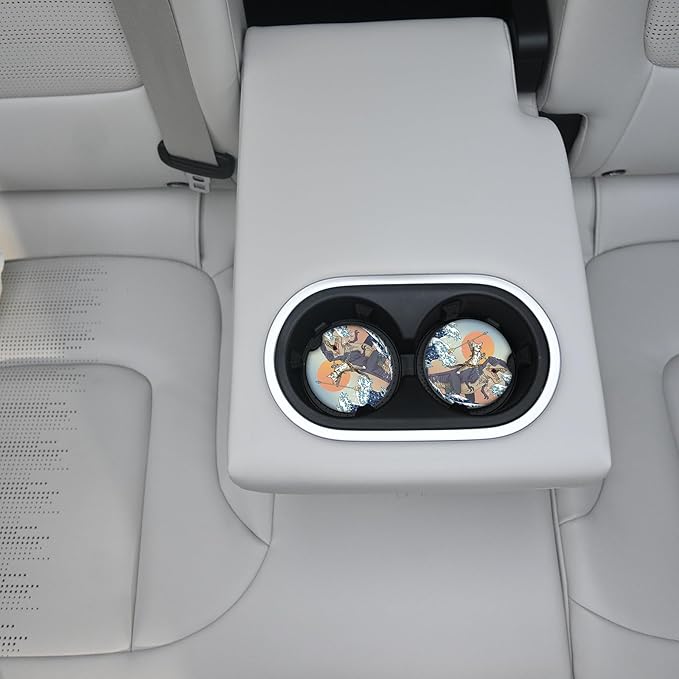 Car Coasters Pack of 2,Absorbent Ceramic Car Coasters Set for Women/Men,Drink Cup Holder Coasters,with A Finger Notch for Easy Removal(Cat and Dinosaur)