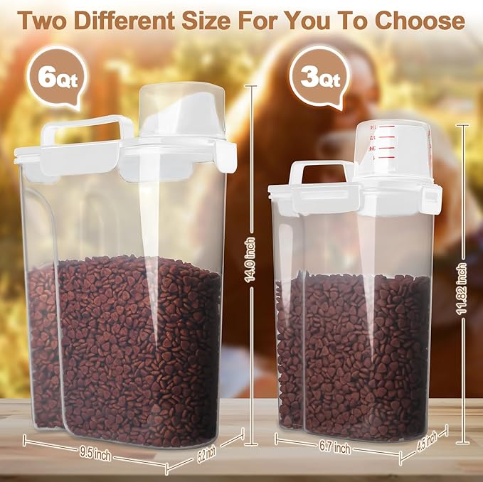 Dog Food Storage Container, 5-7 Lbs Airtight Pet Food Container, Cat food Container Dispenser with Portable Handle, Pouring Spout and Measuring Cup for Dogs Cats 2Pack White/6Qt