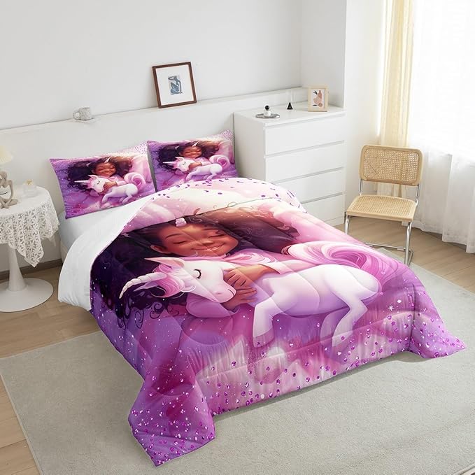 Black Cartoon Girl Comforter Set King Size,Cute Unicorn Castle Princess Bedding Set,Girls Women Room Decor,Girls African Glitter Sequins Down Comforter,Purple Romantic Duvet Insert,2 Pillowcases