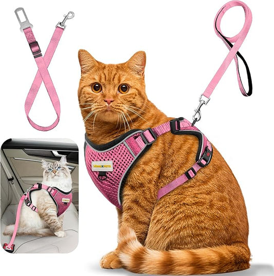 Cat Harness and Leash for Walking, Retractable Cat Harnesses and Leash Set Escape Proof, Breathable Soft Kitten Harness Small Large Cat Harness for Travel Training and Walking, Pink, XXS