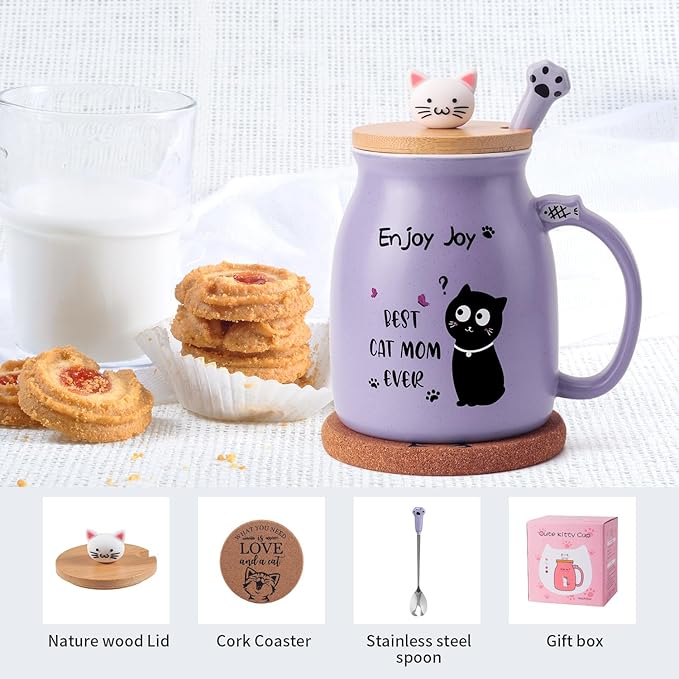 Best Mom Ever Coffee Mug - Mothers Day Gift for Mom, 16 Oz Purple Cute Cat Ceramic Cup with Spoon Lid, Birthday Gifts for Women, Best Mom Novelty Mug Ideas for Her, Mama, Grandma, Daughter, Sister