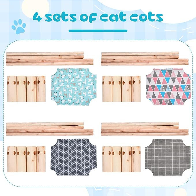 Mixweer 4 Pcs Cat Hammock Bed Wooden Cat Cooling Bed Elevated Cat Bed Detachable Portable Cat Chair for Cats Small Dogs Pets Sleeping Indoor and Outdoor 21 x 19 x 5 Inch (Alpaca)
