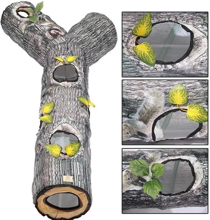 Cat Tunnels Collapsible Pet Tube - Interactive Tree Trunk Cat Activity Play Tunnels with Peek Holes Plush Bell Toys, Pets Puzzle Hunt Chase Training Center for Kitten, Ferret, Small Animals