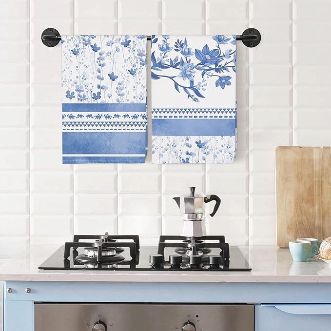 Blue Flower Tea Towels, 100% Cotton Kitchen Towel Set 20×27.5inch, Multi-Purpose Quick Dry Dish Towels Dishcloths Hand Towels Bar Towels(Set of 4)