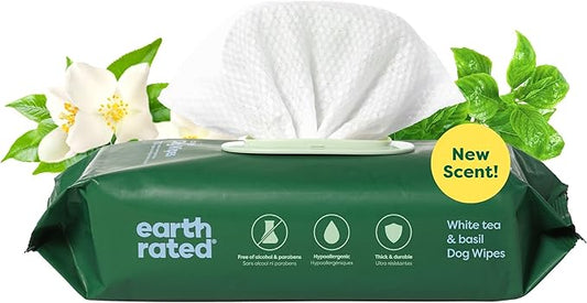 Earth Rated 3-in-1 Pet Grooming Wipes, Cleaning, Deodorizing & Hydrating for Paws, Body, and Butt, Perfect for Dogs & Cats, White Tea and Basil Scent, 100 Count