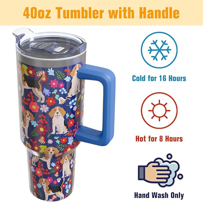 Beagle Gifts for Women Dog Lovers 40 oz Floral Beagle Tumblers with Handle and Straw, Stainless Steel Vacuum Insulated Travel Coffee Mug Cup Water Bottle