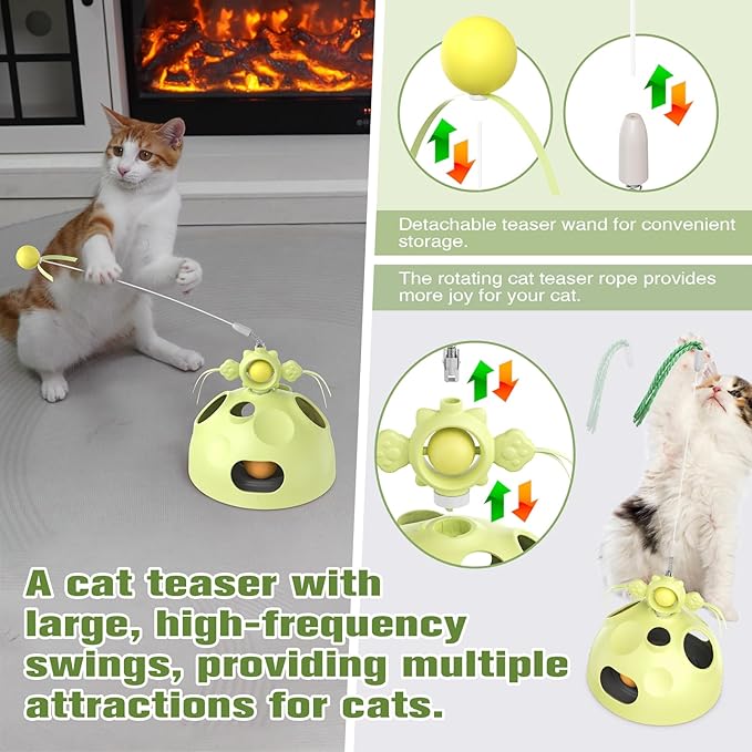Zaabaaziba Interactive Cat Toys Multifunctional, Track Balls, Kitten Toy for Indoor, High-Elasticity Cat Teaser Wand, Multi-Cat Households, All Cat Breeds, Slow Feeder Toy Green