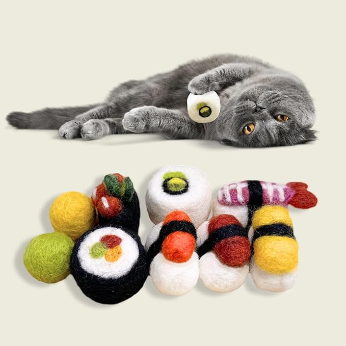 Woolbuddy Cat Toy - Cat Sushi Toy, 8pcs, Wool Cat Toy for Boredom & Stimulating, Cute Interactive Cat Toys for Indoor Cats, Self Play Cat Kitten Toys, Cat Chew Toy, Cat Enrichment Without Catnip