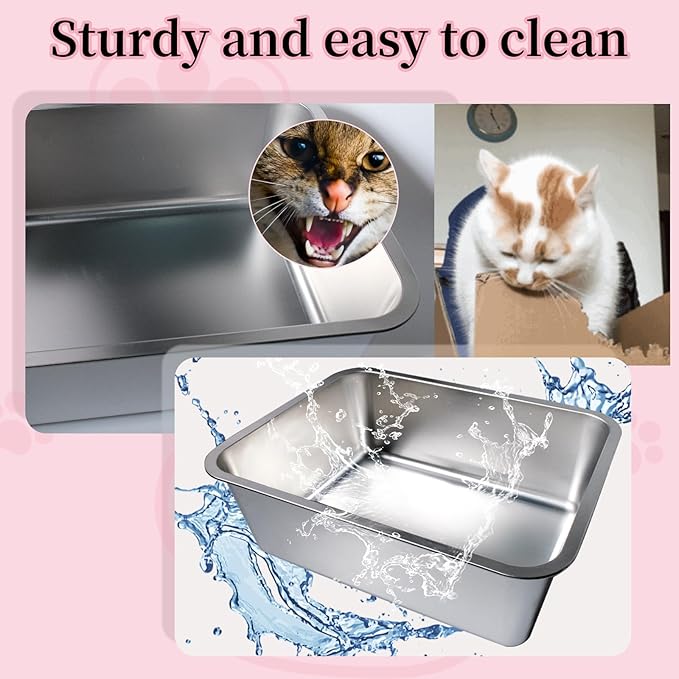 4 Pcs Large Stainless Steel Litter Box 17.7" X 13.8" X 5.9" Metal Cat Litter Box with 30 Pcs Non-Slip Gaskets Large Litter Pan for Cat Kitties No Smell Non Stick Pet Toilet Supplies