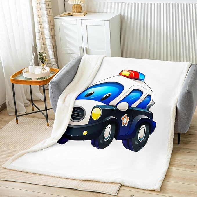 Feelyou Boys Car Blanket Kids Cartoon Police Car Throw Blanket Super Soft Children Toddler Fleece Sherpa for Couch Bed Sofa Boy Cute Vehicle Plush Fuzzy Blanket 40"x50"