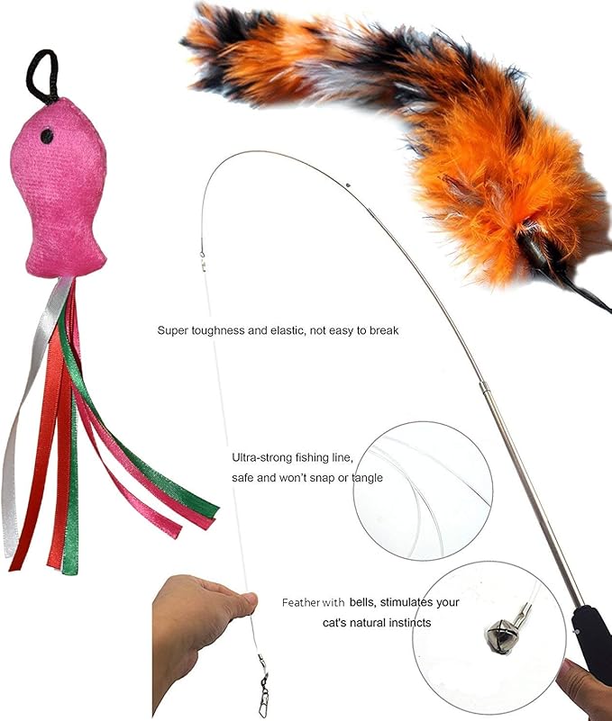 Cat Toys Set, Cat Retractable Teaser Wand, Catnip Fish, Interactive Cat Feather Toy, Mylar Crincle Balls, Two Cotton Mice, Four Fluffy Mouse