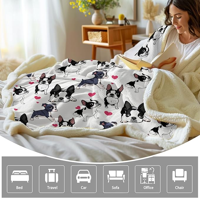 BlessLiving Boston Terrier & Frenchie Dog Plush Blanket - Red Heart Cute Puppy Dog Cozy Fleece Throw for Kids, Girls & Women - White - 50 x 60 Inch