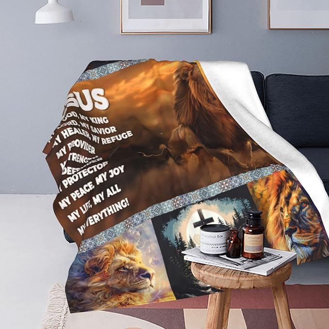 Jesus Lion Blanket Christian Decor Throw Blanket Super Warm Soft Plush Lightweight Fleece Flannel Winter Cross Animal Blanket Gifts for Prayer Girls Women Adults Boys Baby Kids Couch Bedding 50"X60"