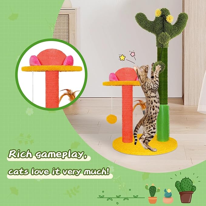 33" Tall Cat Scratching Post, Cactus and Mushroom Combination Cat Scratcher, Cat Toy with Removable Cat Teaser, Cat Scratch Tree Post with 3 Balls