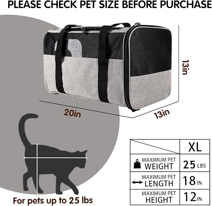 Carriers Soft-Sided Pet Carrier for Medium Large Cats Dogs 15lbs 20lbs,Ventilated Design,Portable Carry Handle,Collapsible Carrier for Kitten Puppy(X-Large,Grey&Black)