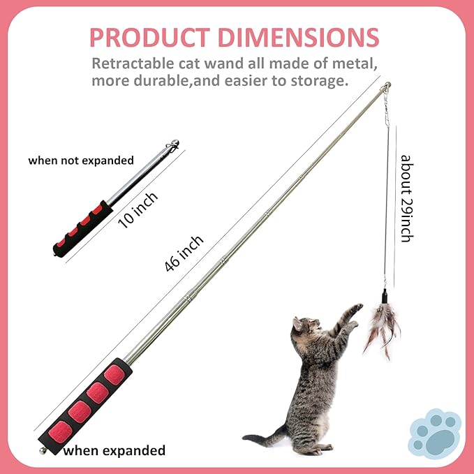 Cat Fishing Pole for Indoor Cats,Interactive cat Toys with Colorful Feather and Bell. (Red)
