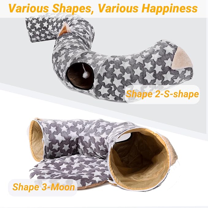 LUCKITTY Large Cat Tunnel Bed with Plush Cover,Fluffy Toy Balls, Small Cushion and Flexible Design- 10 inch Diameter, 3 ft Length- Great for Cats, and Small Dogs, Gray Star Pattern