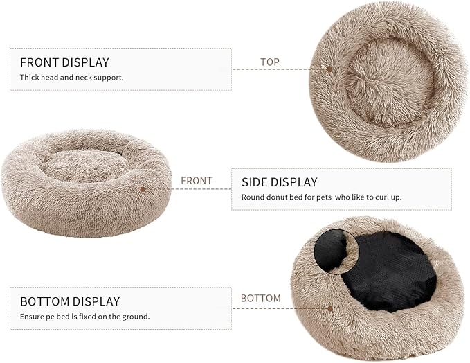Small Cat Bed for Indoor Cats, Self-Warming Donut Kitty Bed for Small Cats Keeping Warm, Washable Pet Bed with Anti Slip Base, Khaki 23‘’