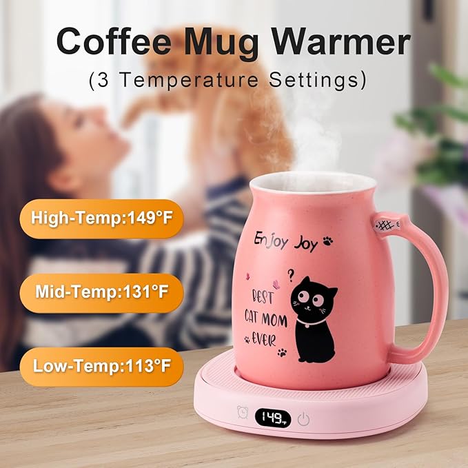 Bsigo Coffee Mug Warmer & Best CAT MOM Ever Mug Set, Milk Tea Beverage Cup Warmer for Desk, Candle Warmer Plate with 3 Temp Settings, 8H Auto Shut Off, Womens Mothers Day Birthday for Mom Mother