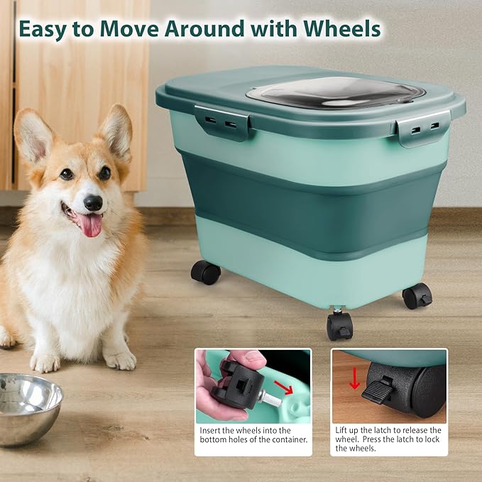 Dog Food Storage Container, 5-20Lbs Collapsible Pet Food Storage Containers with Rolling Wheel Airtight Locking Lid, Dry Food Storage Bin with Cup and Scoop, Suitable for Pet Food, Flour, Rice