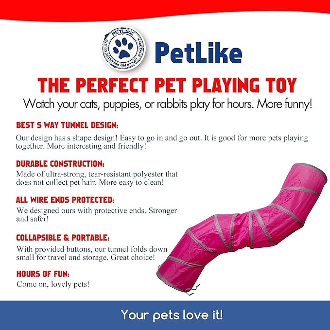 PetLike S Way Cat Tunnel Collapsible Pop-up Pet Tube Hideaway Play Toy with Ball (S-Way, Rose Red)