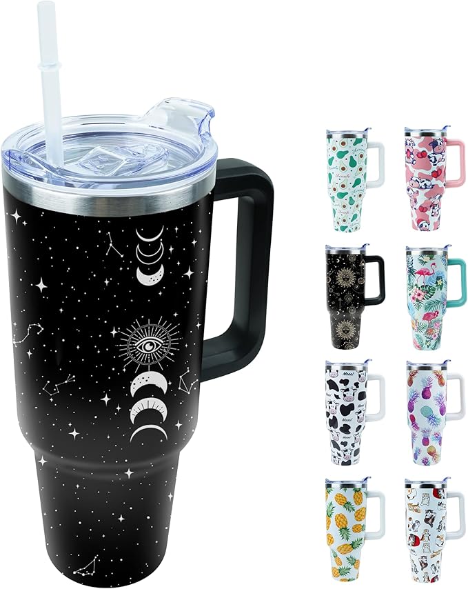 40 oz Tumbler with Handle and Straw, Stainless Steel Insulated Cup with Leak Proof Lid and Straw Lid, Keep Drinks Cold and Hot for Hours(Sun Moon)