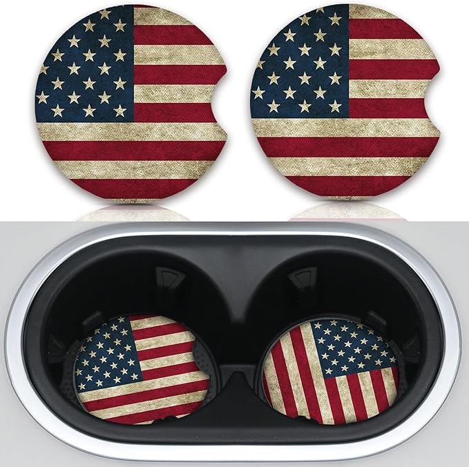 Car Coasters for Cup Holders，Car Cup Holder Coasters, 2 Pack Cup Holder Coasters for Car, Anti Slip Rubber Car Cup Mat with A Finger Notch, Cute Car Interior Accessories for Women 2.75" American Flag