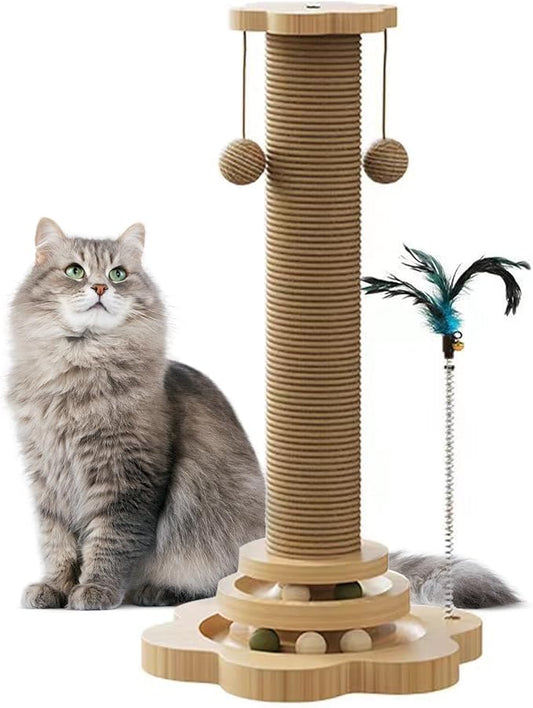 Cat Scratching Post Cat Scratcher Kitten Toys for Indoor Cats, 4-in-1 Interactive Trackball Toys with Cat Teaser 18.1" Tall Wooden Scratch Post Interactive Toy with Dangling Ball Cat Toy