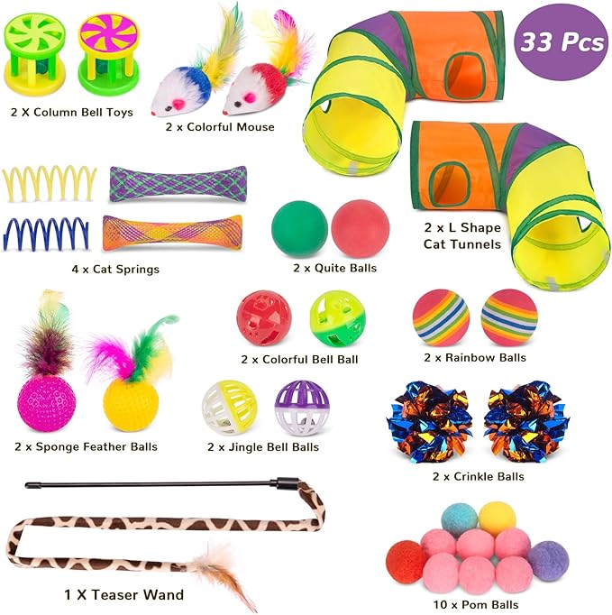 Retro Shaw Cat Toys for Indoor Cats 33 Pack,Kitten Toy Interactive Cat Feather Toy,Collapsible Cat Tunnel Tube Tent,Cat Springs Bell Rainbow Ball Crinkle Toy Mice Toy Pompom Ball Kitty Chase Exercise
