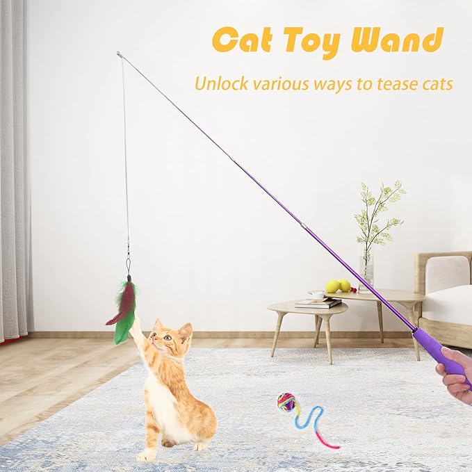 Cat Toy 8 Pcs Feather Teaser Wand Toy Cat Fishing Pole Toy Cat Toys for Indoor Cats Cats Including Cat Balls Spring Hair Balls