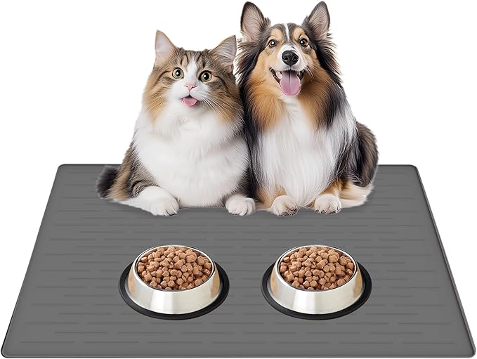 32"x24" Large Silicone Pet Feeding Mat, Waterproof Non-Slip Dog and Cat Bowl Mat for Food & Water, Durable Floor Protector to Prevent Spills, Easy to Clean, Dark Gray