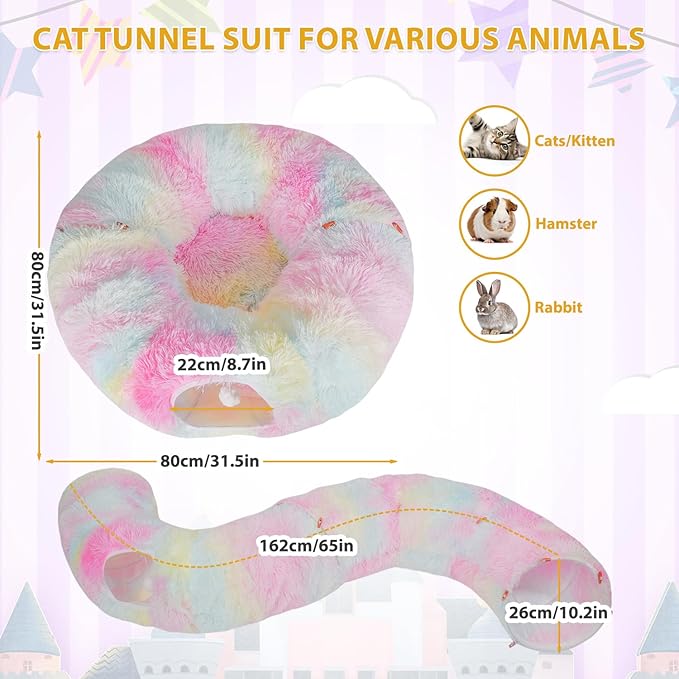 KOMUSMO Cat Tunnel Bed with Central Mat and Hanging Ball Toy, Multifunctional Large Cat Bed Cave Donut for Indoor Cats, Soft Plush Fluffy Collapsible Peekaboo Cave for Small Medium Large Cats Kittens