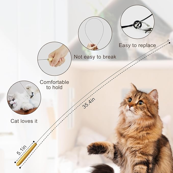 Cat Wand Toy for Indoor Cats, 32'' Flexible Steel Wire 5PCS Feather Cat Toys with Sturdy Wood Handle Replaceable Rotating Feather Cat String Kitten Toy (32'' Steel Wire + 5PCS Feather)