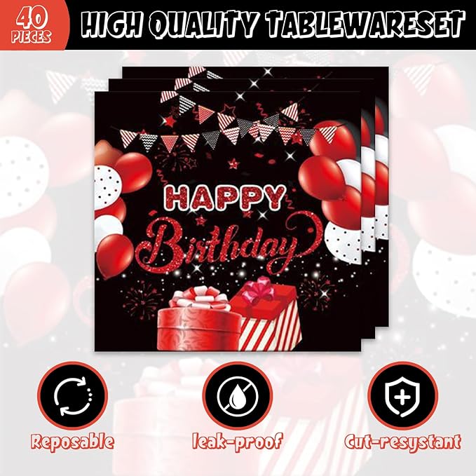 48Pcs Red and Black Happy Birthday Party Decorations for Men Women, Red and Black Balloons Pattern Birthday Decorations for Baby Shower Forks Plates and Napkins Set Party Supplies