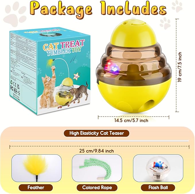 Interactive Cat Toys for Indoor Cats,Tumbler Toy for Kitten Tracking Balls Treat Dispenser for Bored Cat and Small Dogs to Chase and Exercise（Yellow