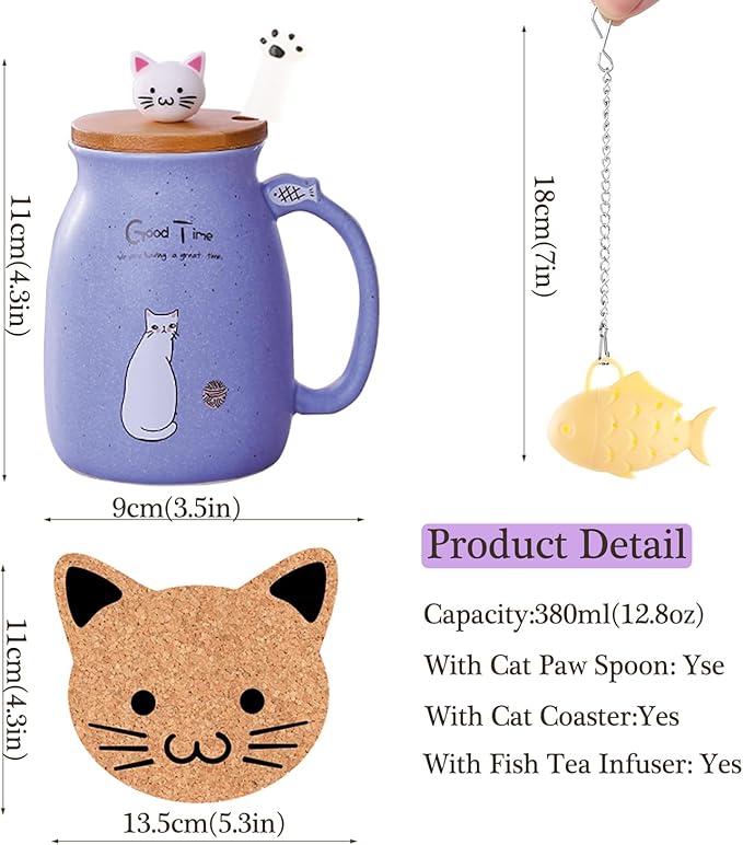 BigNoseDeer Cat Mug Kawaii Tea Cup with Infuser and Lid Purple Cat Ceramic Coffee Mug Cute Cool Preppy Stuff Birthday Gifts for Mom Gifts for Women Girlfriend Girls Cat Lover Gifts(13oz)