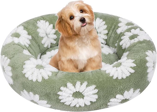 Calming Dog Bed, Dog Beds Fits up to 25 lbs Pets, Fluffy Donut Dog & Cat Bed Washable, Round Anti Anxiety Dog Bed, Small Dog Bed with Non-Slip Bottom (White, 24" x 24")