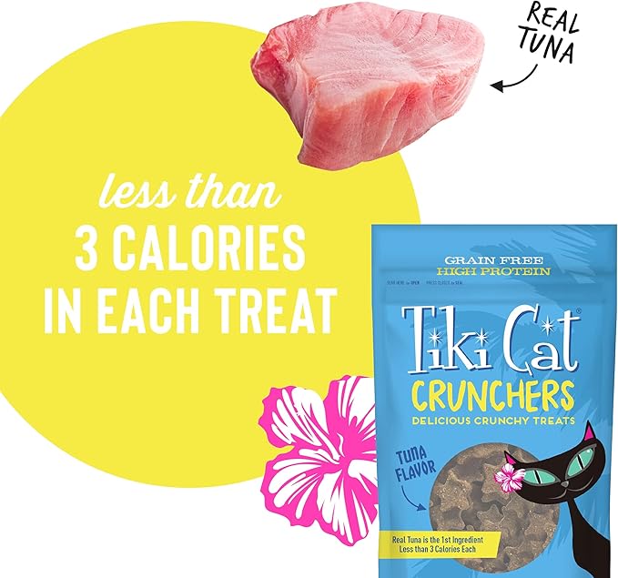 Tiki Cat Crunchers Dry Cat Treats, Tuna Flavor, Low-Calorie Grain-Free Crunchy Snack, For Adult Cats, 2 oz. Pouch (Pack of 6)