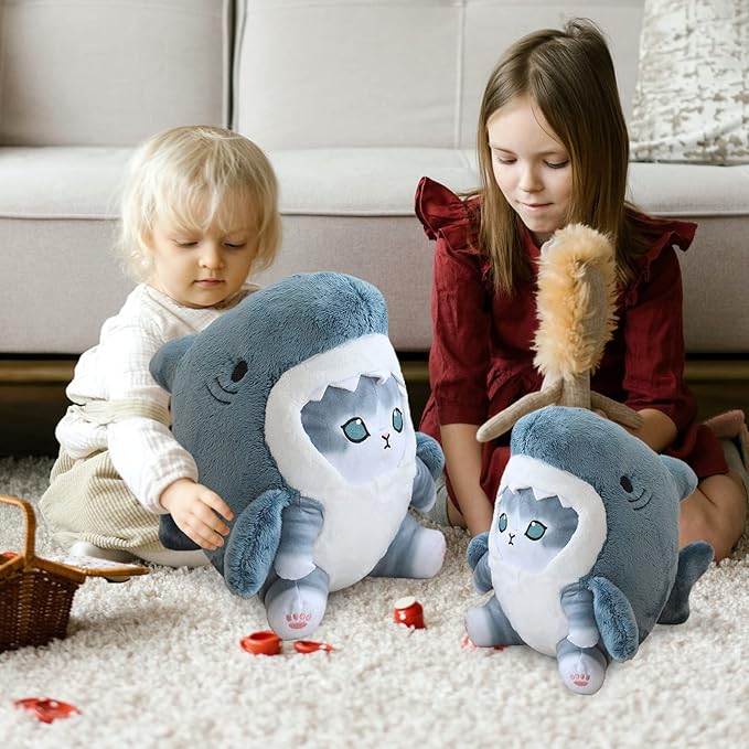 Kawaii Shark Cat Plush Toy Stuffed Animal Doll, Cute Soft Pillow Stress Release Hugs Toys Christmas Halloween Birthday Gifts for Kids Boys Girl Best Gift (Blue - Grey,15 inch)