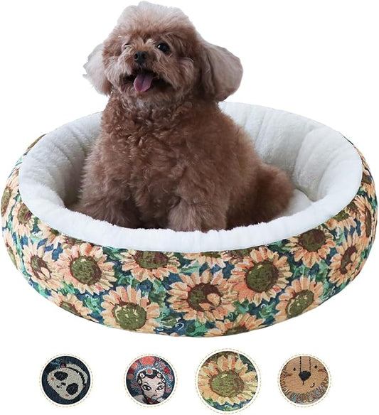 Circular Calming Dog & Cat Bed Anti-Anxiety Plush Dog Bed Washable Pet Bed with Anti Slip Backing Donut Cuddler with Cute Jacquard Patterns for Cat and Small Puppy 30" (Small, Sunflower)