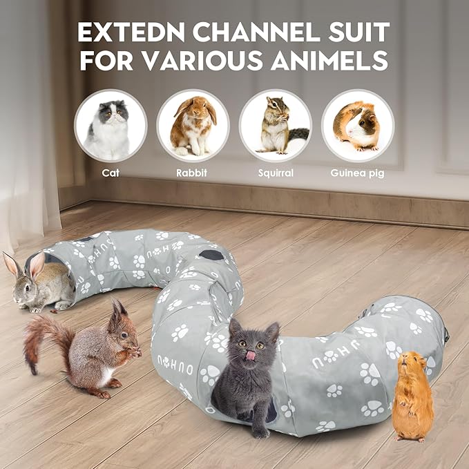 Cat Tunnel Bed, Cat Tunnels for Indoor Cats, Cat Donut Tunnel with Mat, Straight Tunnel, 4 Hanging Balls and Blackout Tent, Collapsible Peekaboo Cat Cave