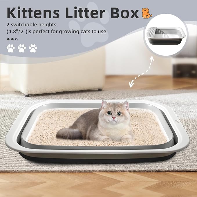 2Pcs Cat Litter Box, Collapsible Kitten Litter Box with Scoop, Open Potty Pan Cat Toilet Portable Cats Litter Box Travel Litter Easy to Clean and Assemble