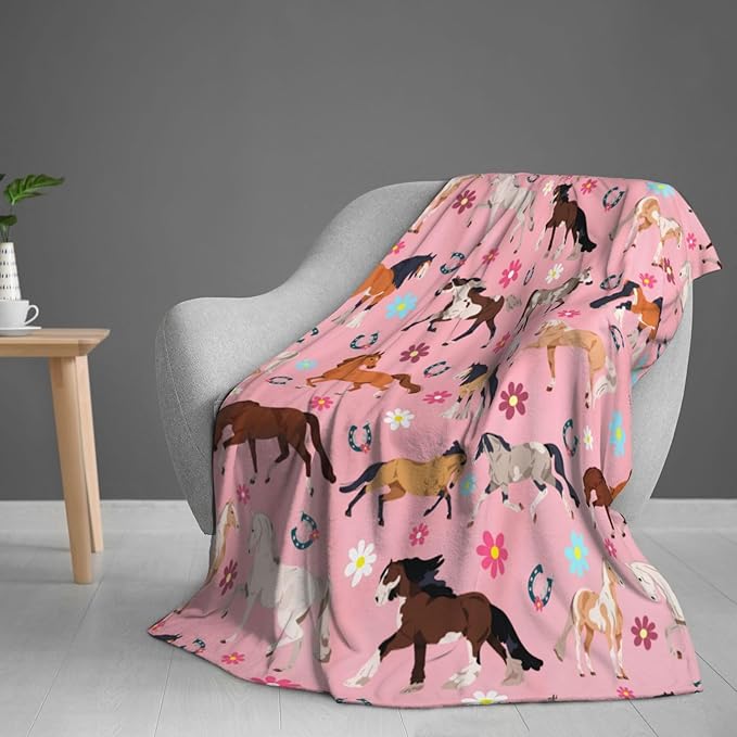 Horse Blanket Throw 80"x60", Plush Flannel Horses Flowers Blanket, Soft Warm Decorative for Kids Women Adults Horse Lovers