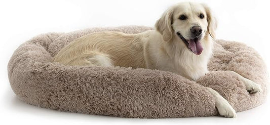 Brindle Donut Cuddler Pet Bed - Calming Anti-Anxiety Dog and Cat Bed - Plush Cozy and Washable Bed - Ergonomic Support, Large, Taupe