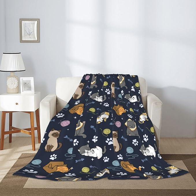 Soft Fluffy Cat Pattern Blanket, Cute Feline Design Cozy Throw Blanket for Adults Kids Pet,Lightweight Warm Plush Fleece Blanket for Couch Bed Sofa, for Cat Lovers 60"x50"