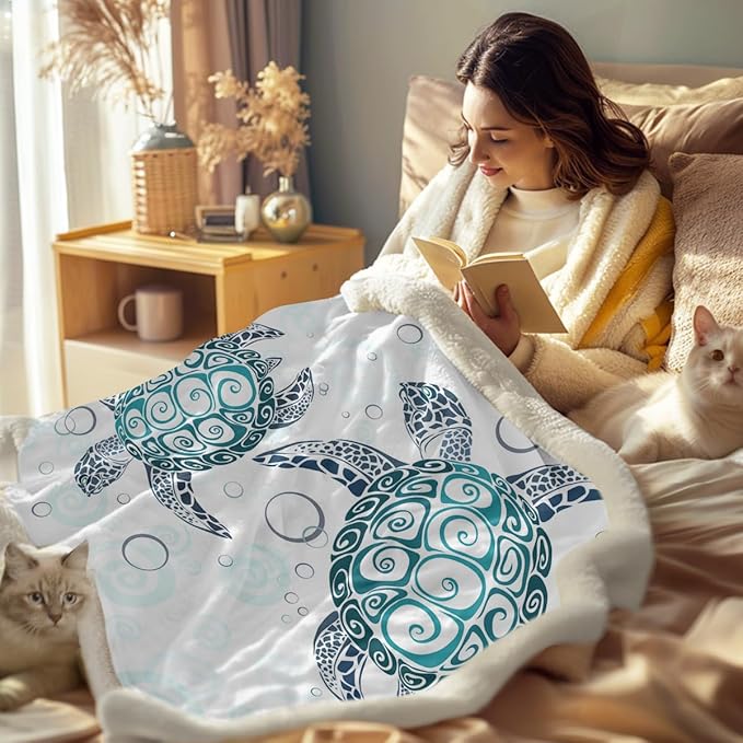 Sleepwish Sea Turtle Fleece Throw Blanket for Kids Soft Plush Aqua Blue Tortoise Sherpa Blanket for Couch Sofa Gift for Turtle Lovers, Throw (50" X 60")