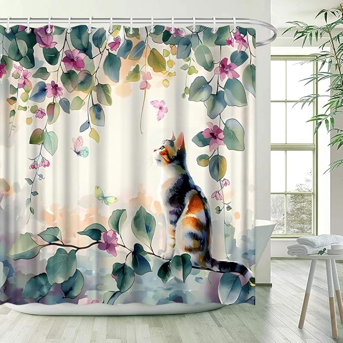 Cat and Green Leaves Shower Curtain Spring Funny Animals Rustic Plants Purple Lavender Watercolor Farmhouse Floral Flowers Polyester Fabric Bath Decor 70x78 inch with Hooks