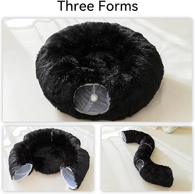 HIPIPET Winter Plush Cat Tunnel with Cat Bed for Indoor Cats,Multifunctional Cat Toys for Small Medium Large Cat. (Black)